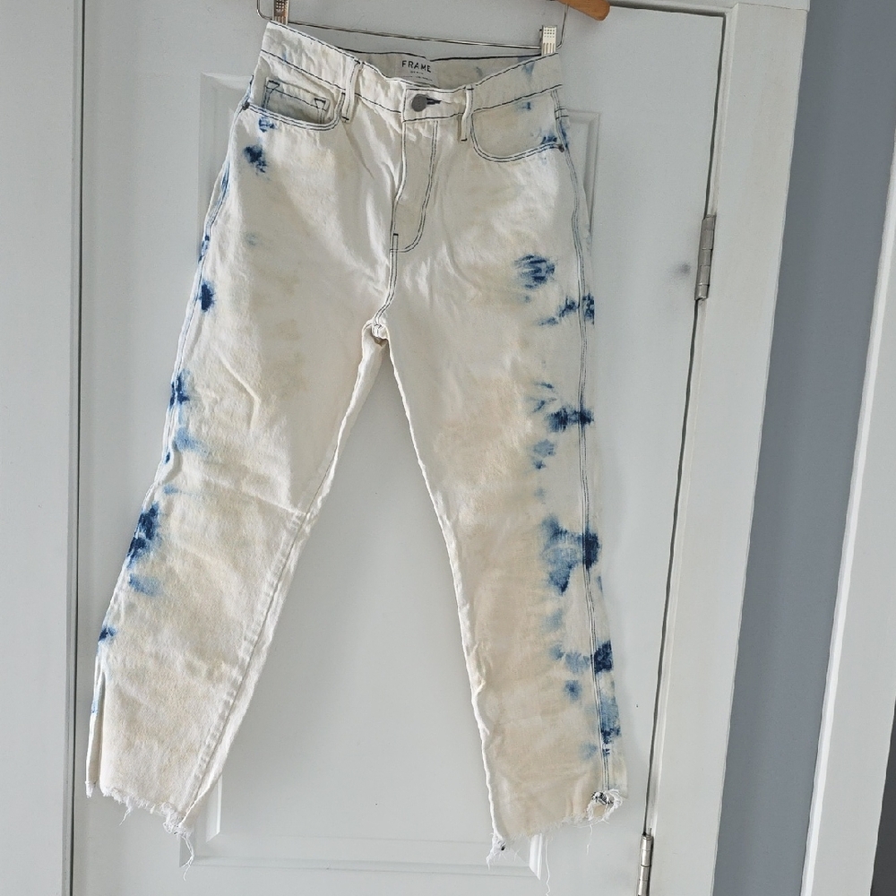 Frame Denim Blue & White Tie-Dye Distressed Cropped Jeans